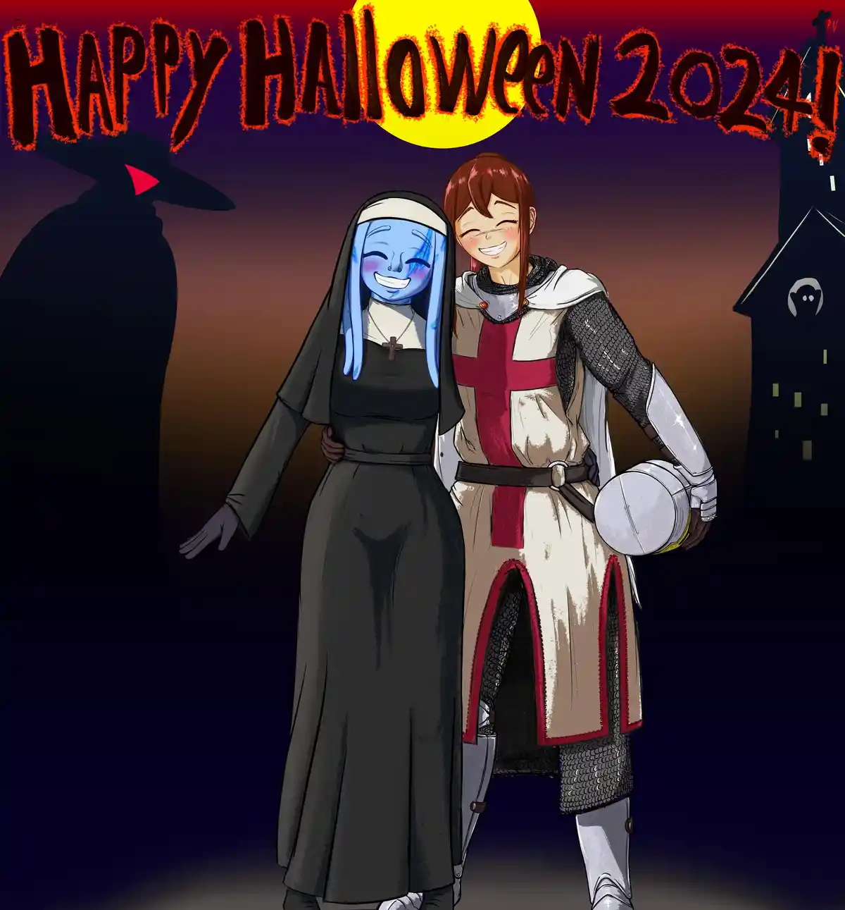 Two anime-style characters pose happily in Halloween costumes: one as a blue-skinned nun with a cross necklace, and the…