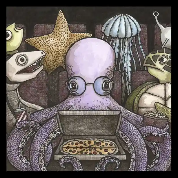 A cartoonish purple octopus wearing round glasses sits in a chair, holding a drink and a bowl of popcorn while a pizza rests…