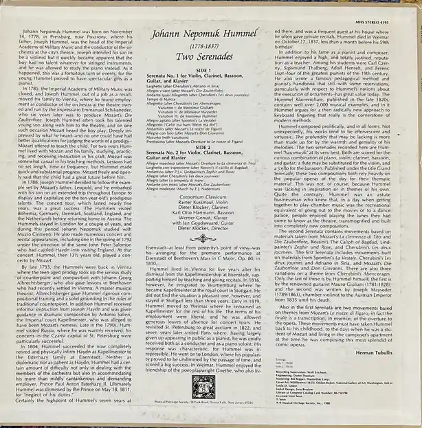 The image shows the back cover of a classical music album featuring Johann Nepomuk Hummel's 'Two Serenades'. The text…