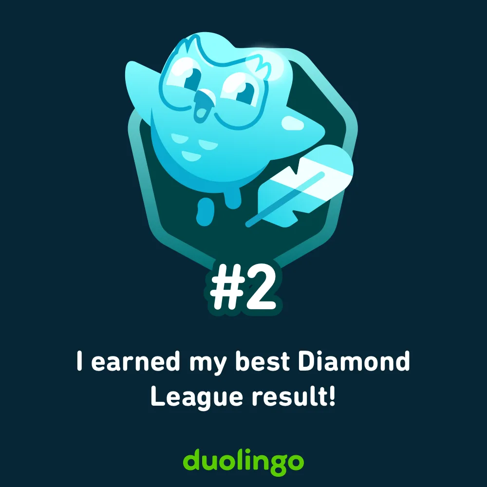 A blue cartoon owl character from Duolingo, smiling and holding a white and blue checkmark, is displayed inside a hexagonal…