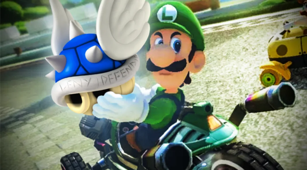 Luigi is in a green kart, holding a blue spiked shell with white wings and the text 'I DENY I DEFEND' wrapped around its…