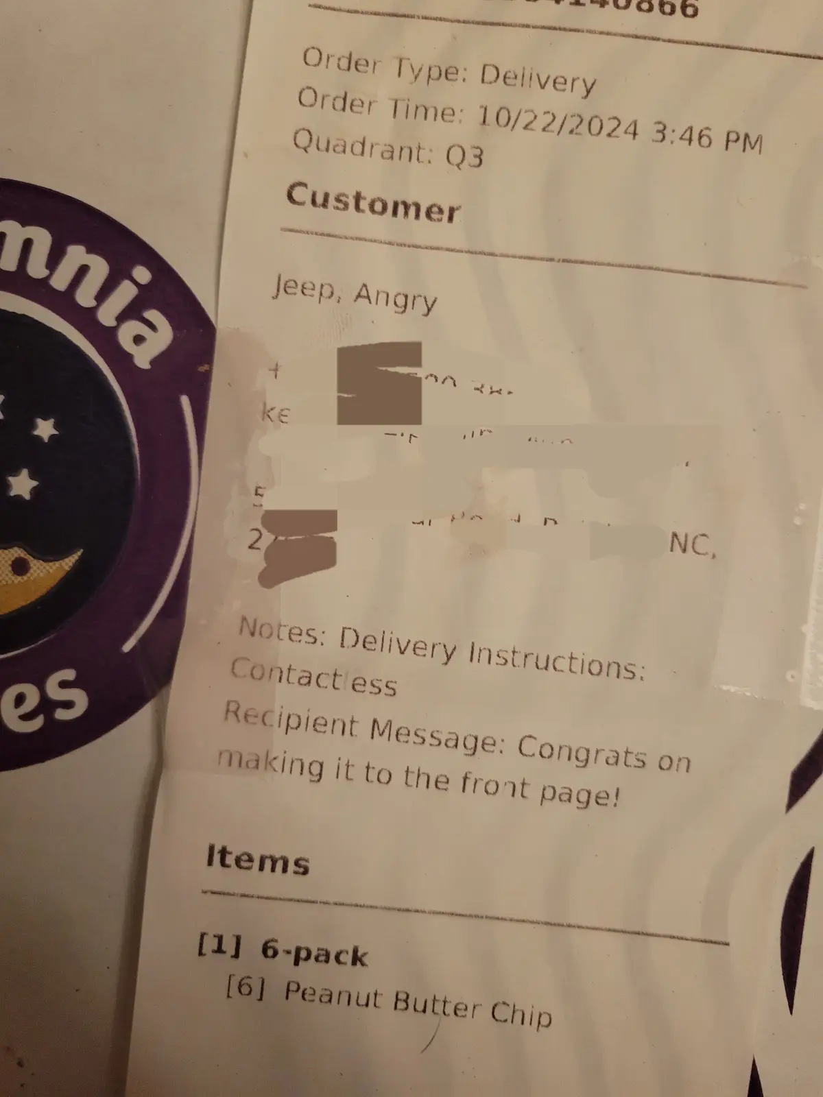 A Domino's delivery receipt shows a customer named 'Jeep, Angry' with a recipient message reading 'Congrats on making it to…