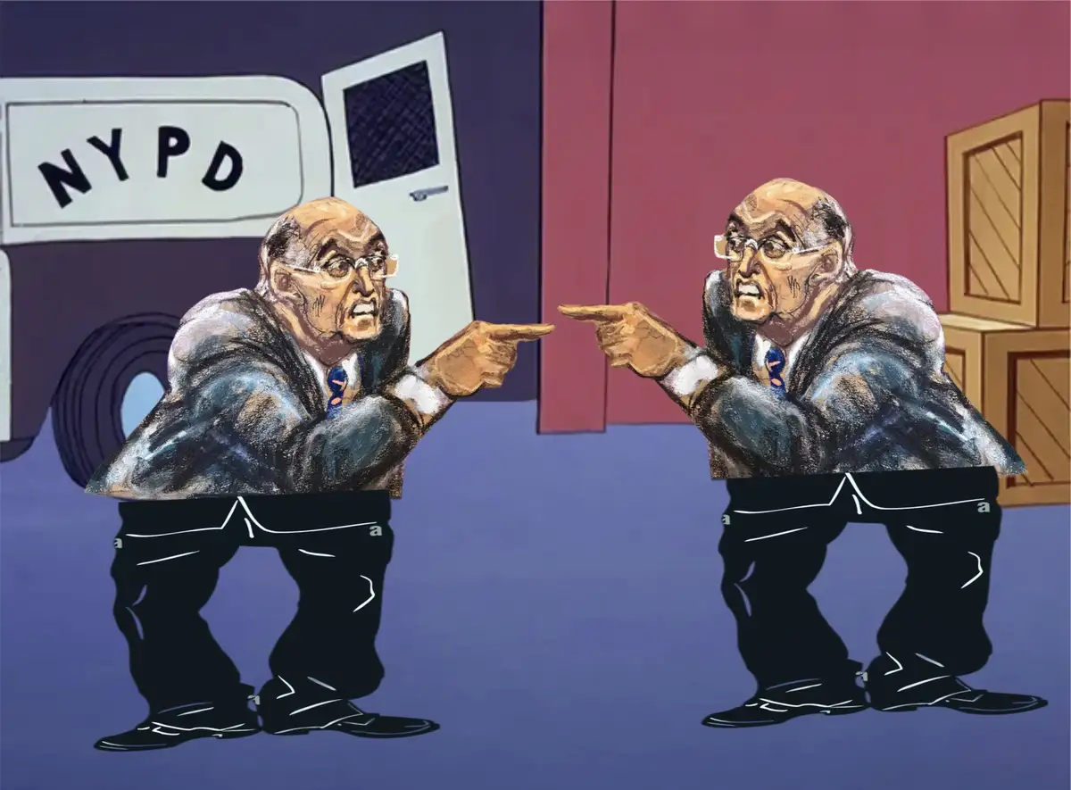 Two identical cartoon illustrations of a bald, bespectacled man in a suit and tie are shown pointing angrily at each other…