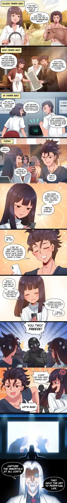 A comic strip showing two characters from 10,000 years ago to today, celebrating technological progress like agriculture…
