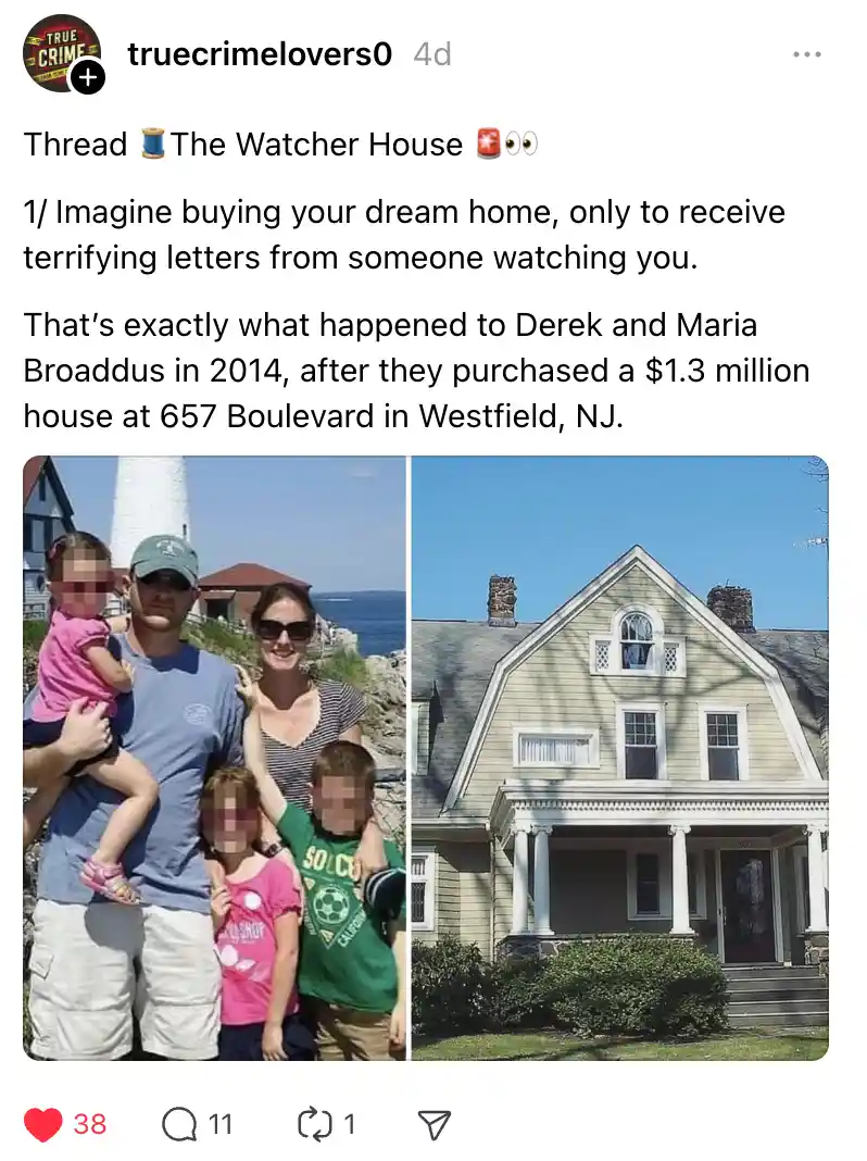 The image displays a split-screen: on the left, a family of four (faces blurred) poses happily outdoors near a lighthouse…