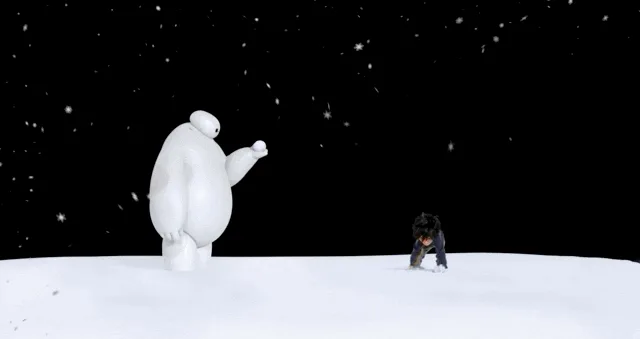 A six-panel image sequence from the movie 'Big Hero 6' shows Baymax and Hiro Hamada on a snowy landscape under a starry sky…