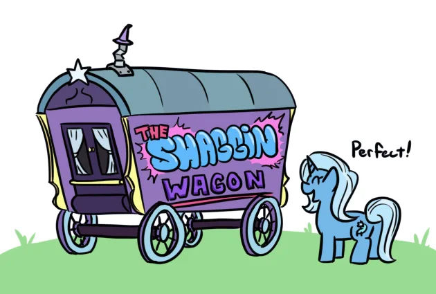 A cartoon blue pony with a white mane and tail stands next to a purple and teal covered wagon labeled 'THE SHAGGIN WAGON'…