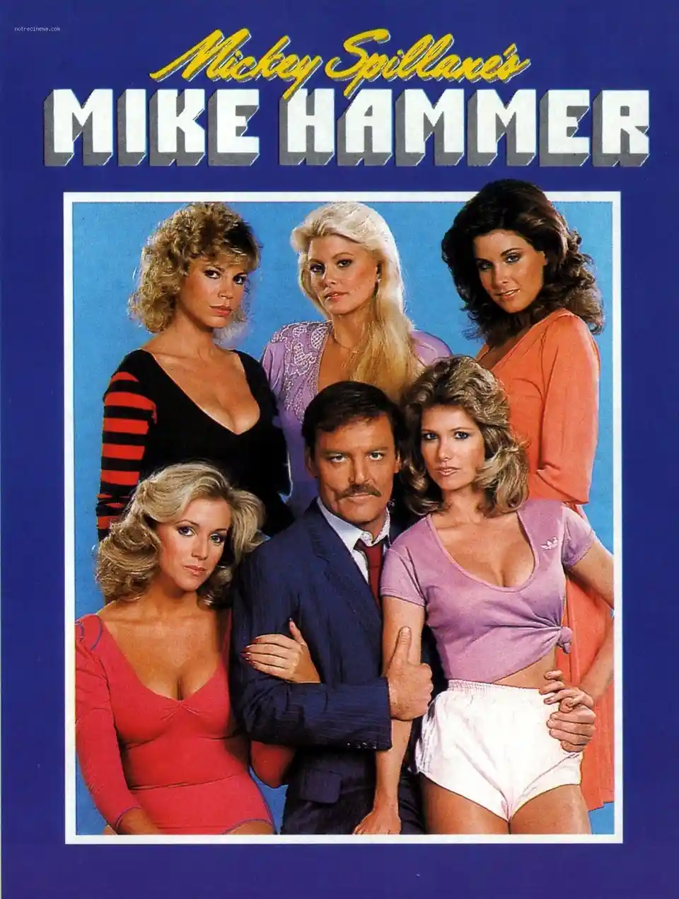 A vintage TV show poster for 'Mickey Spillane's Mike Hammer' featuring a central male actor surrounded by five glamorous…