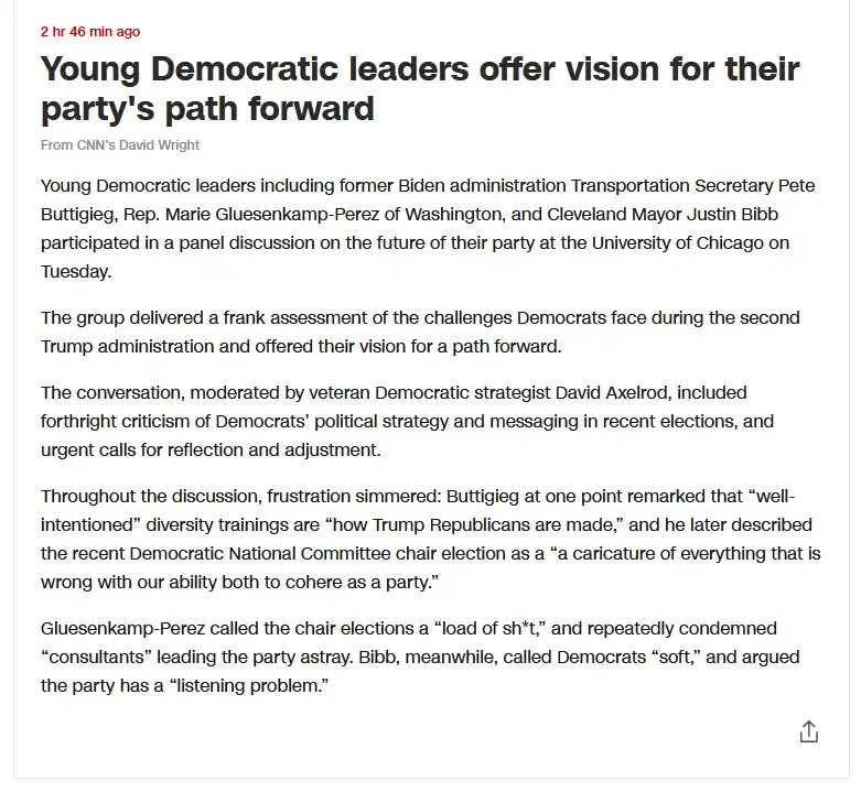 A screenshot of a CNN article titled 'Young Democratic leaders offer vision for their party's path forward' details a panel…
