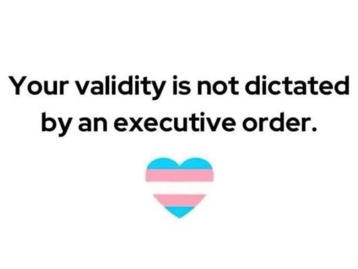 A plain white background features bold black text stating 'Your validity is not dictated by an executive order.' Below the…