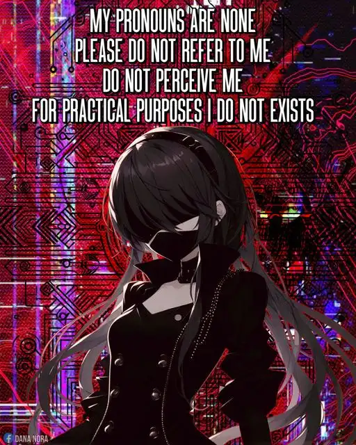 An anime-style illustration of a girl with long black hair, wearing a black mask covering her mouth and nose, and a black…