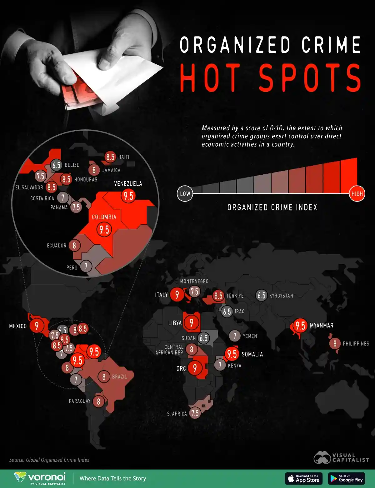 A black-and-white infographic titled 'ORGANIZED CRIME HOT SPOTS' shows a world map with countries color-coded and labeled…