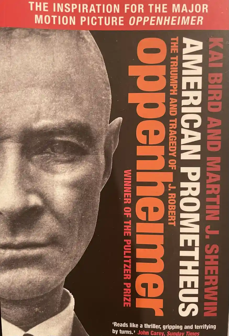 The image shows the cover of the book 'Oppenheimer: American Prometheus' by Kai Bird and Martin J. Sherwin. The cover…
