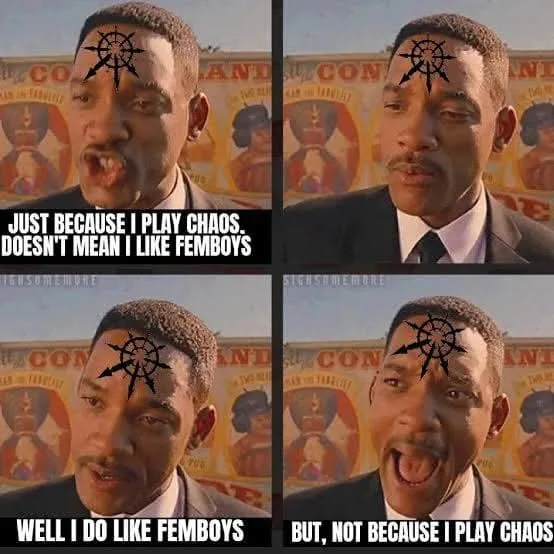 A four-panel meme featuring Will Smith from the movie 'Men in Black' with a black Chaos symbol tattooed on his forehead…
