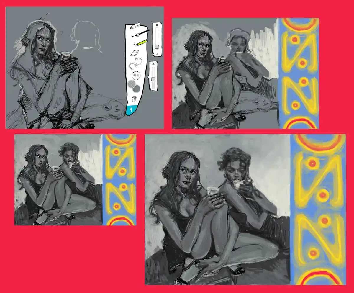 A four-panel image shows the progression of a digital drawing of two women drinking from cups, starting with a rough sketch…