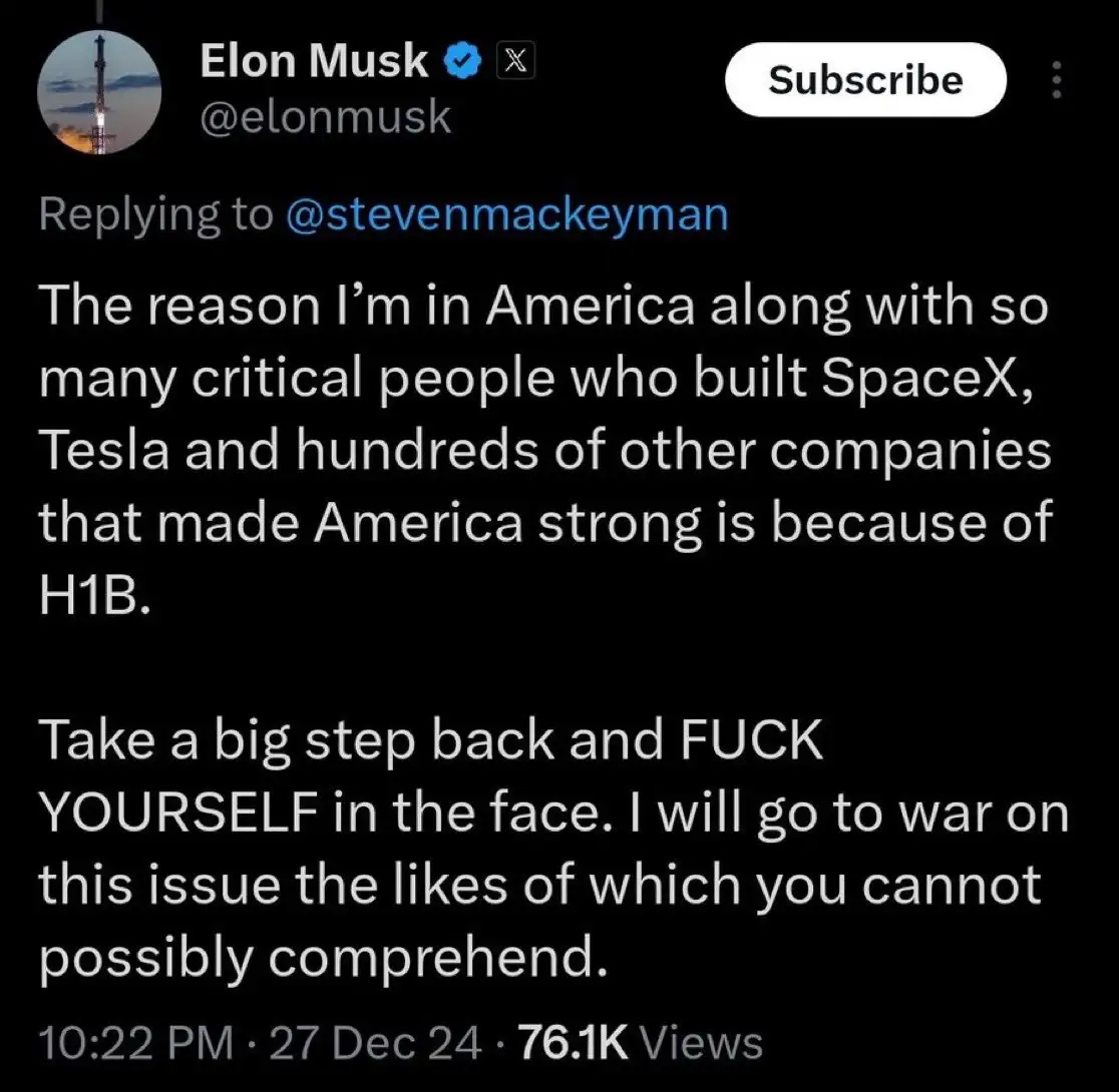 A screenshot of a tweet from Elon Musk's X account, showing his reply to a user. The tweet text states that he and many…