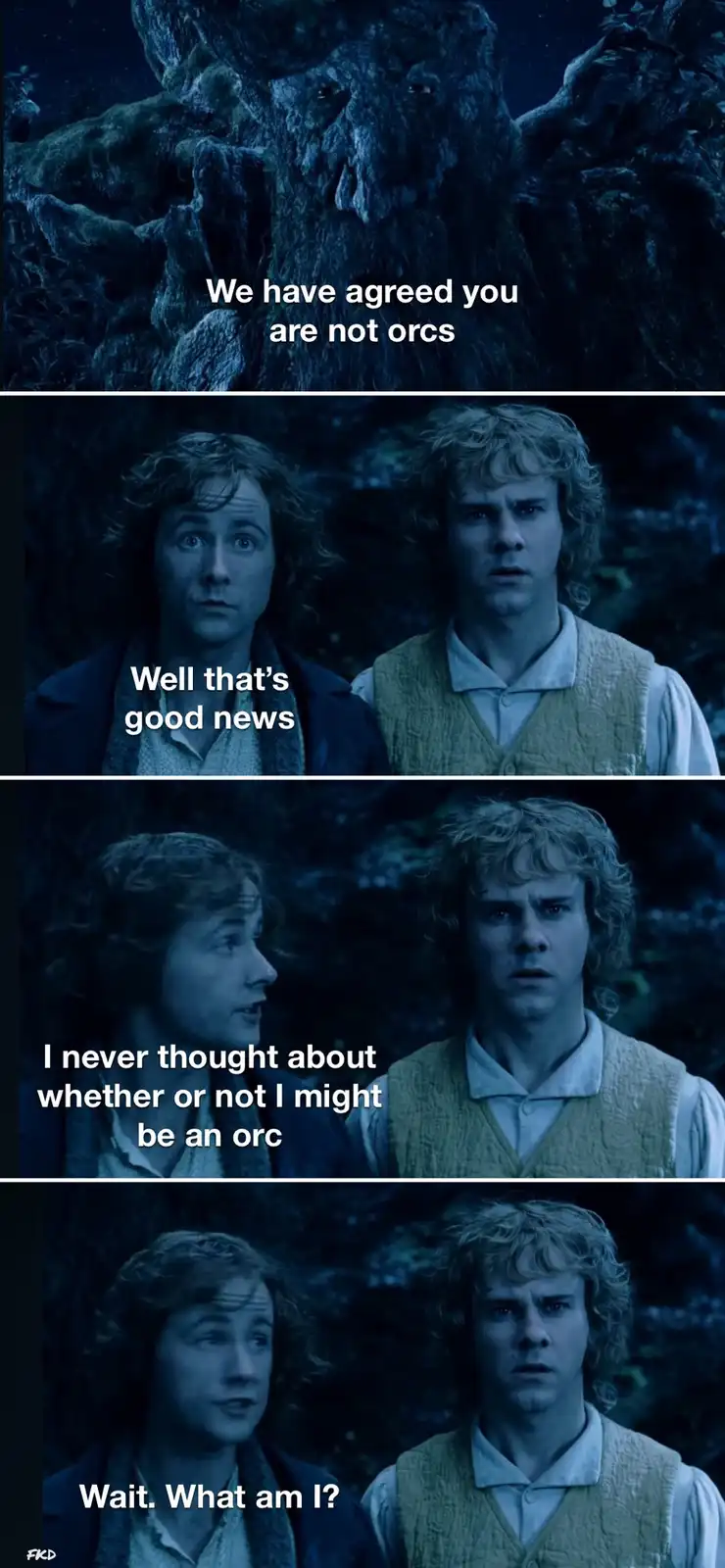 A four-panel meme from 'The Lord of the Rings' showing a giant tree-like creature declaring 'We have agreed you are not…