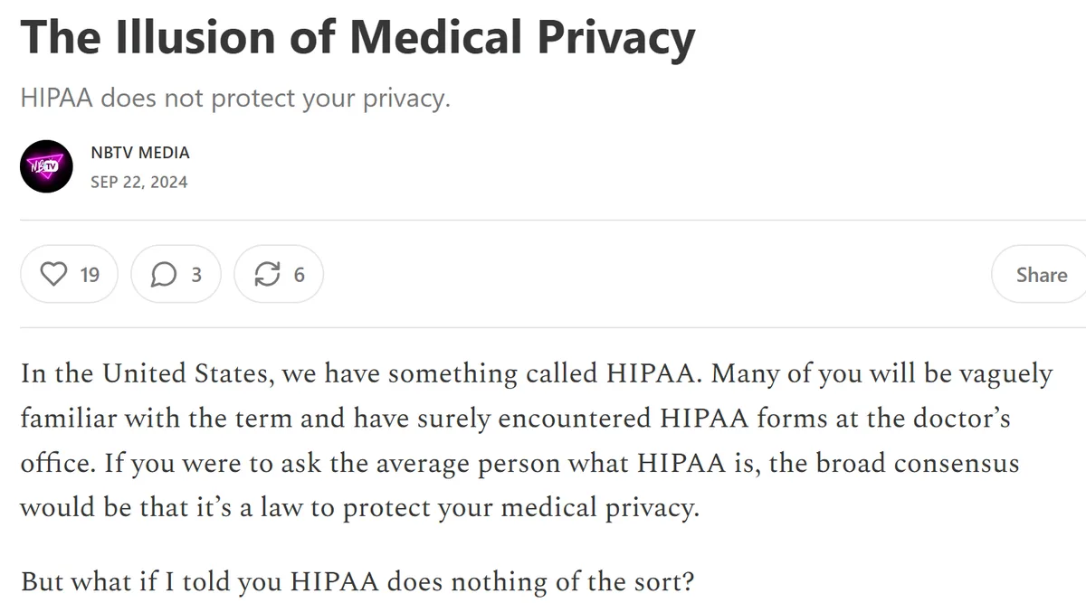 The image displays a screenshot of a social media post titled 'The Illusion of Medical Privacy' by NBTV MEDIA dated…