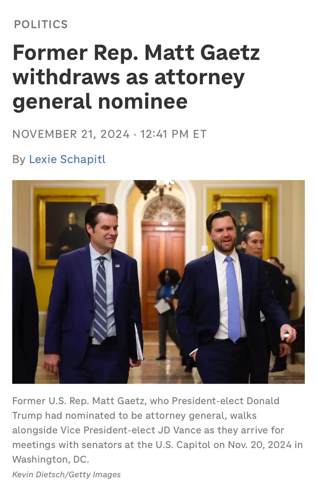 A news article screenshot shows former U.S. Rep. Matt Gaetz and Vice President-elect JD Vance walking in a Capitol hallway…