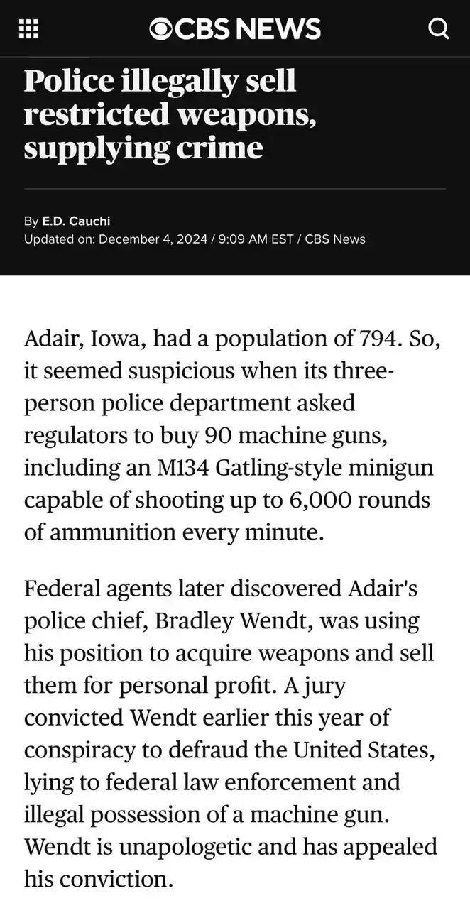 A screenshot of a CBS News article about a small town in Iowa with a population of 794, where its three-person police…