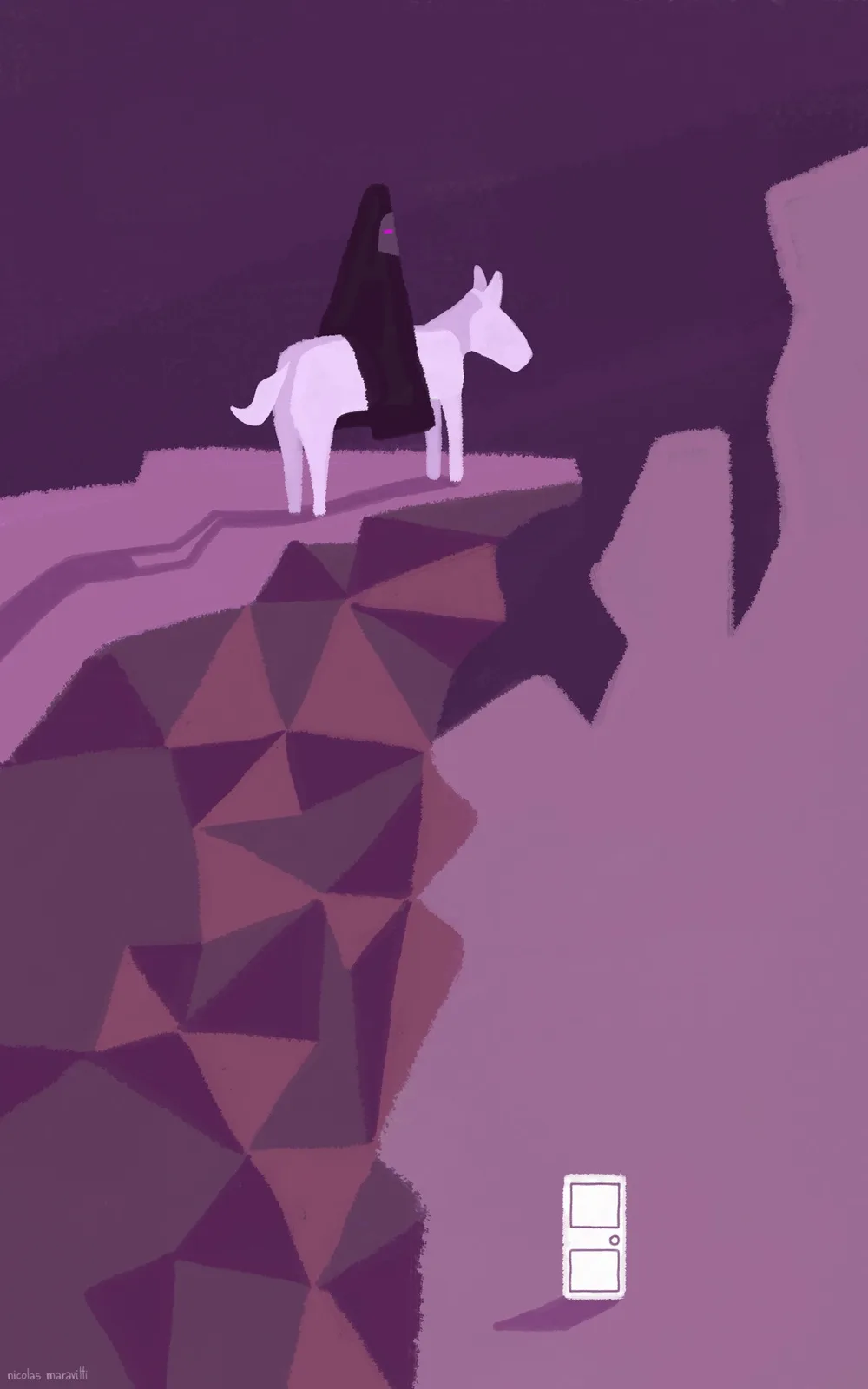 Perched high on a rocky promontory, an Electric Monk rides a bored horse