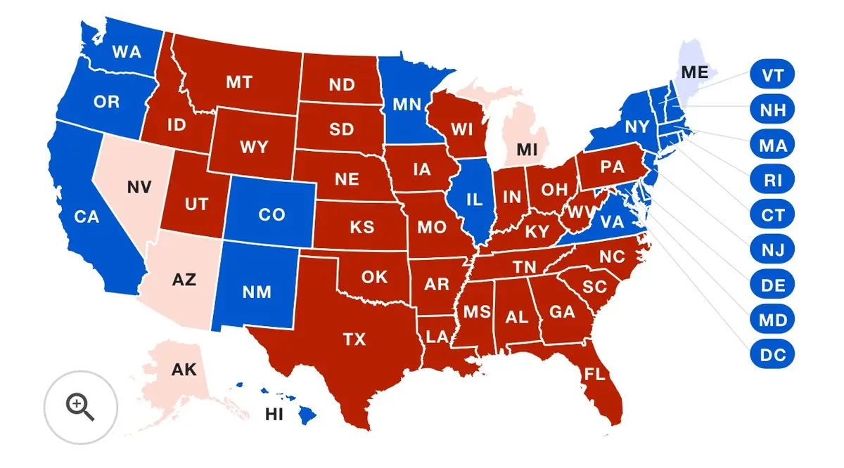 a political map of the united states with states colored red or blue, showing the results of an election. most states are…