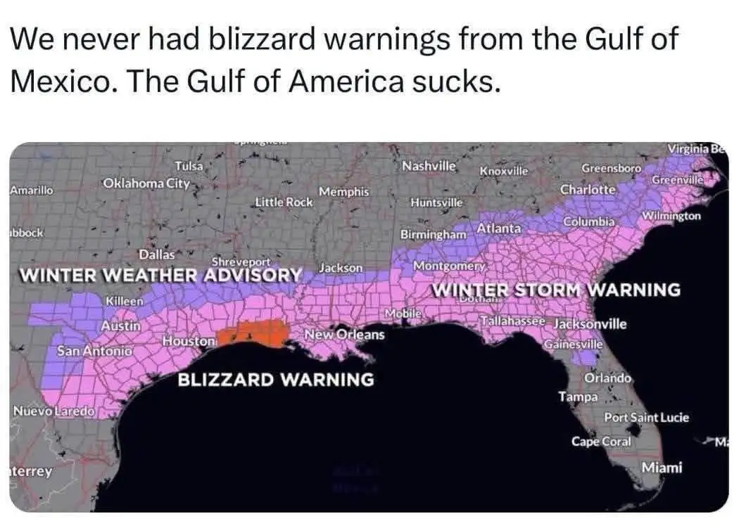 A weather map of the southeastern United States shows a large area from Texas to Florida under winter weather advisories and…