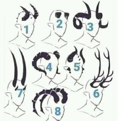 A diagram showing eight numbered stylized head silhouettes, each with a different hairstyle or headgear: mohawk, sunglasses…