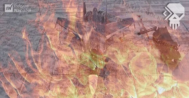 A composite image shows a fighter jet and a tank engulfed in flames, superimposed over a background of Russian text…