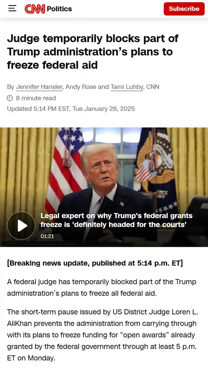 A screenshot of a CNN Politics article dated January 28, 2025, shows a photo of Donald Trump in an office with American…