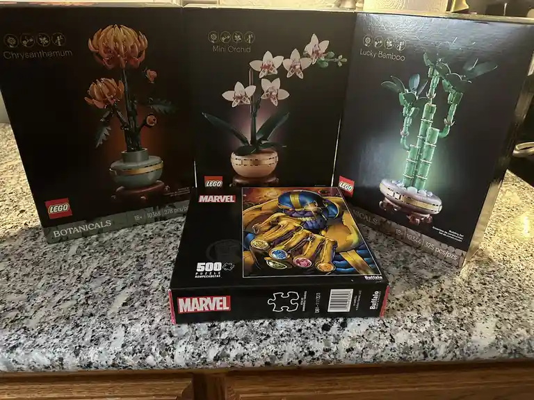 Three LEGO Botanicals plant model boxes (Chrysanthemum, Mini Orchid, Lucky Bamboo) stand behind a Marvel-themed 500-piece…