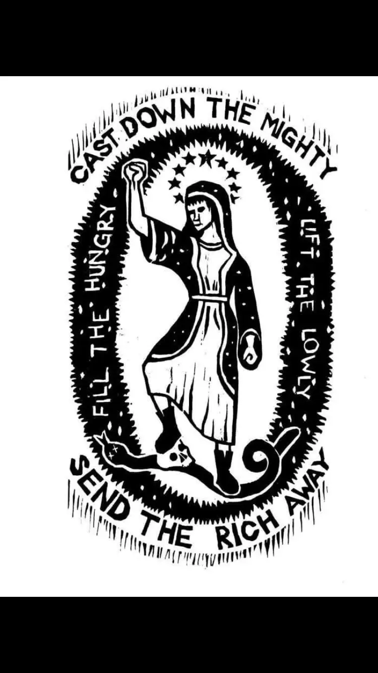 A black-and-white illustration shows a stylized woman in a robe, raising her right fist while standing on a snake-like…