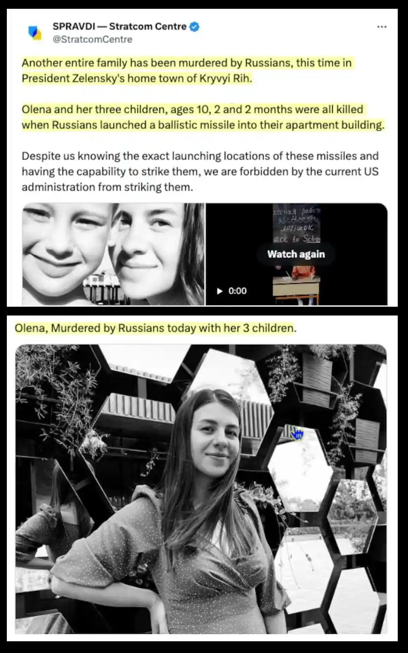 A black-and-white photo of a smiling woman, Olena, is overlaid with text stating she was murdered by Russians along with her…