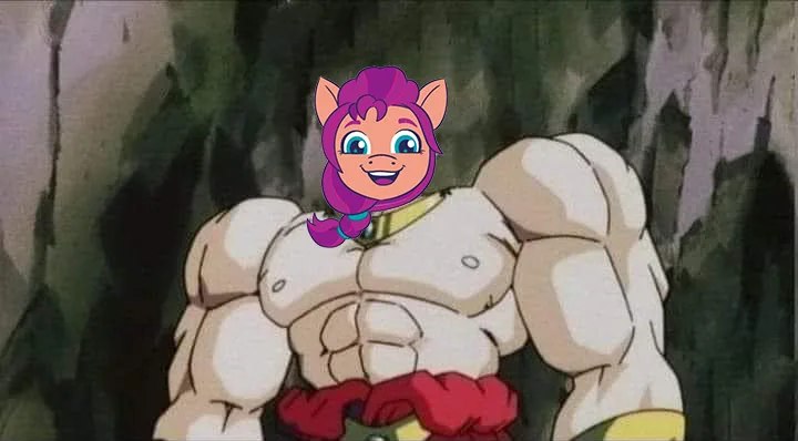 A muscular, shirtless anime character with exaggerated abs and biceps stands in a rocky cave. Superimposed over his head is…