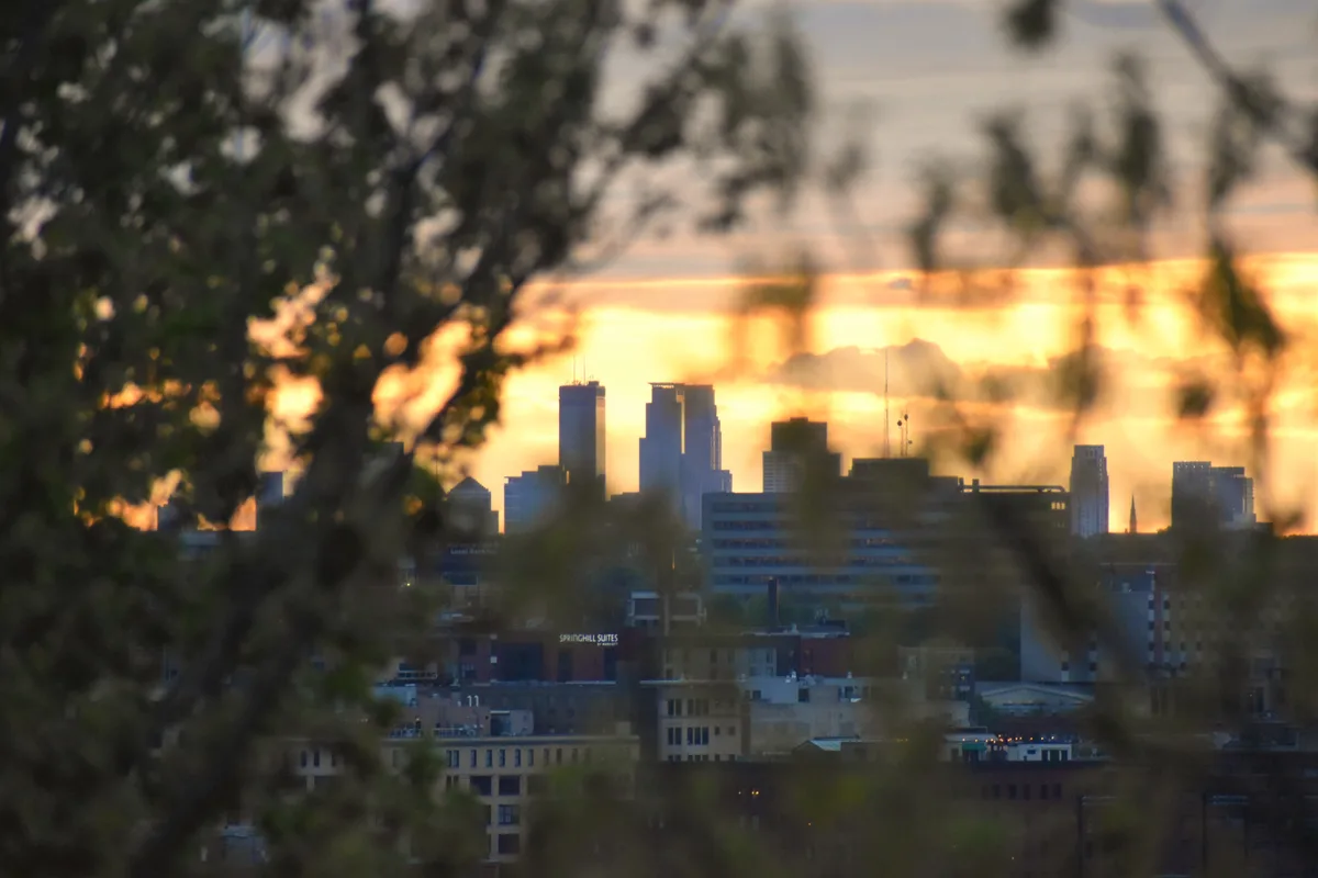 A city skyline at sunset viewed through out-of-focus tree branches, with warm orange and yellow clouds behind tall…