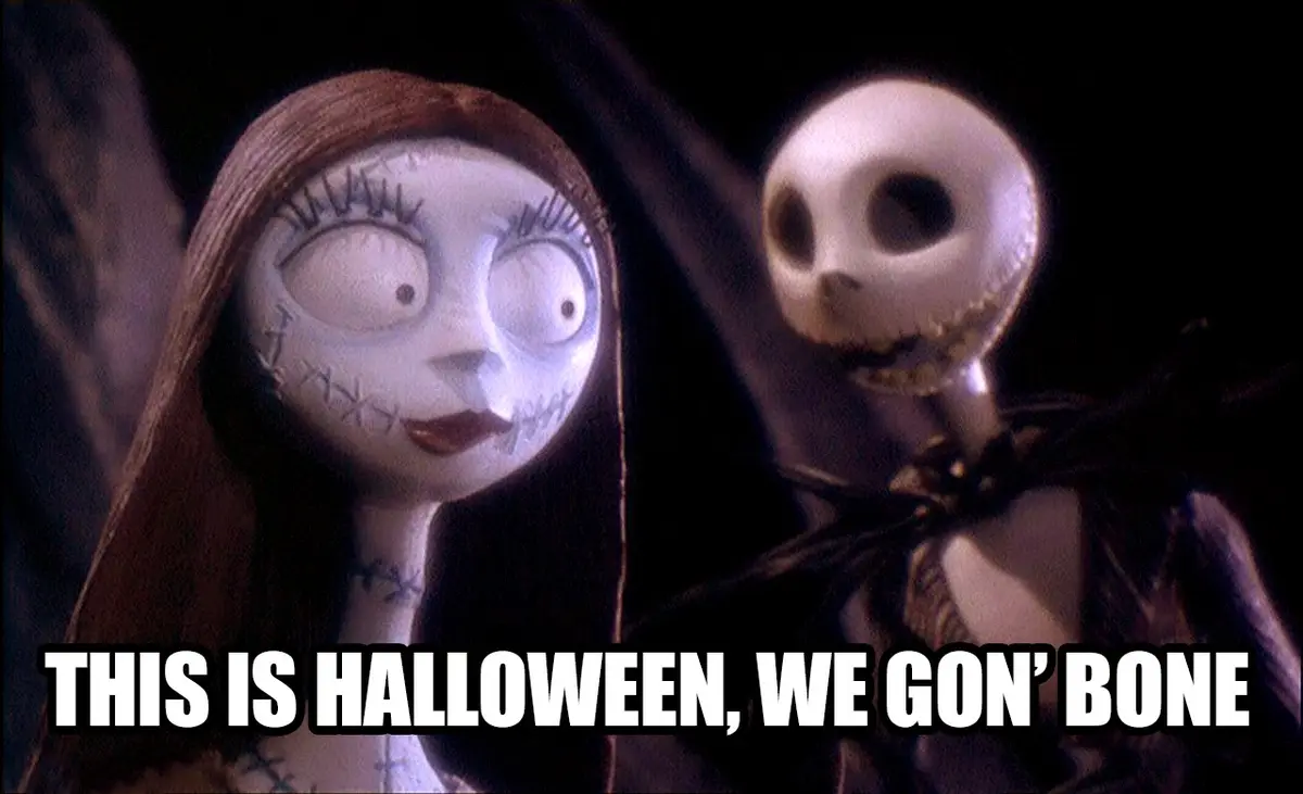 The image shows two animated characters, Sally (a stitched woman with long brown hair) and Jack Skellington (a skeletal…