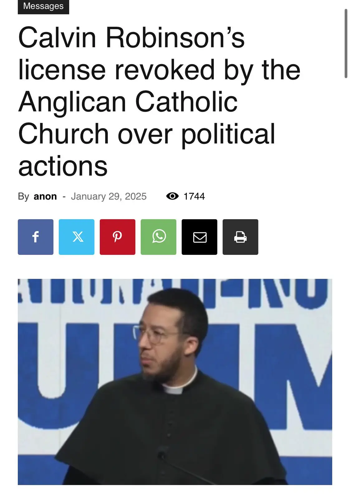An image of a man in clerical attire speaking at a podium, overlaid with text mimicking a fake news article headline stating…