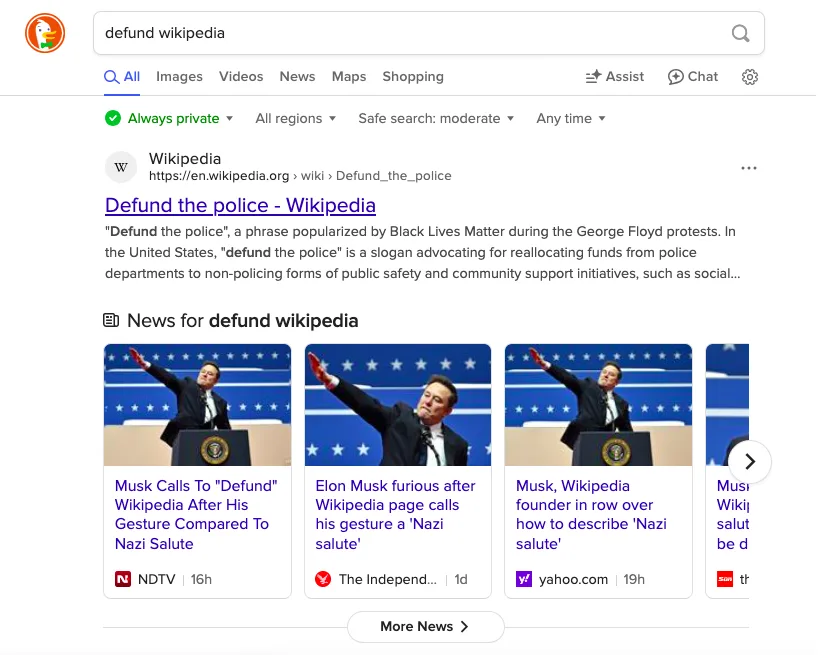 A screenshot of a Google search results page for 'defund wikipedia' shows the top result as 'Defund the police - Wikipedia'…