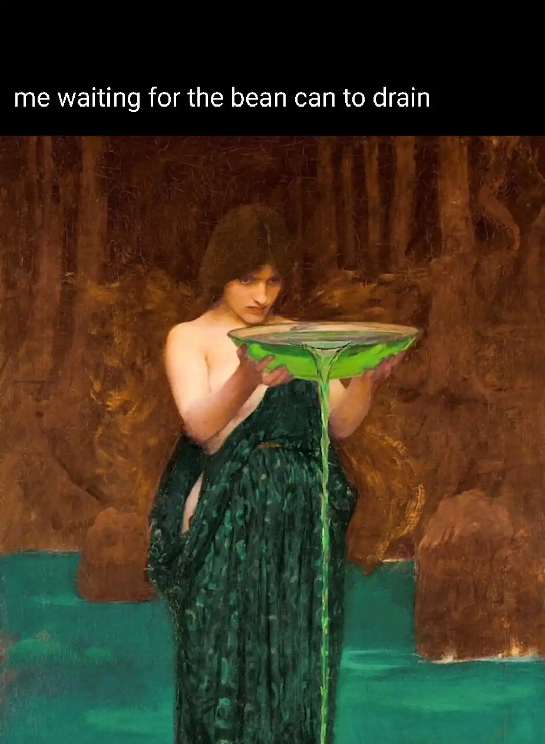 A classical painting depicts a woman in a green dress holding a shallow dish from which green liquid is draining downward…