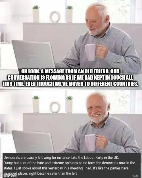 A two-panel meme featuring a smiling older man with white hair and a beard, holding a mug while looking at a laptop. The top…