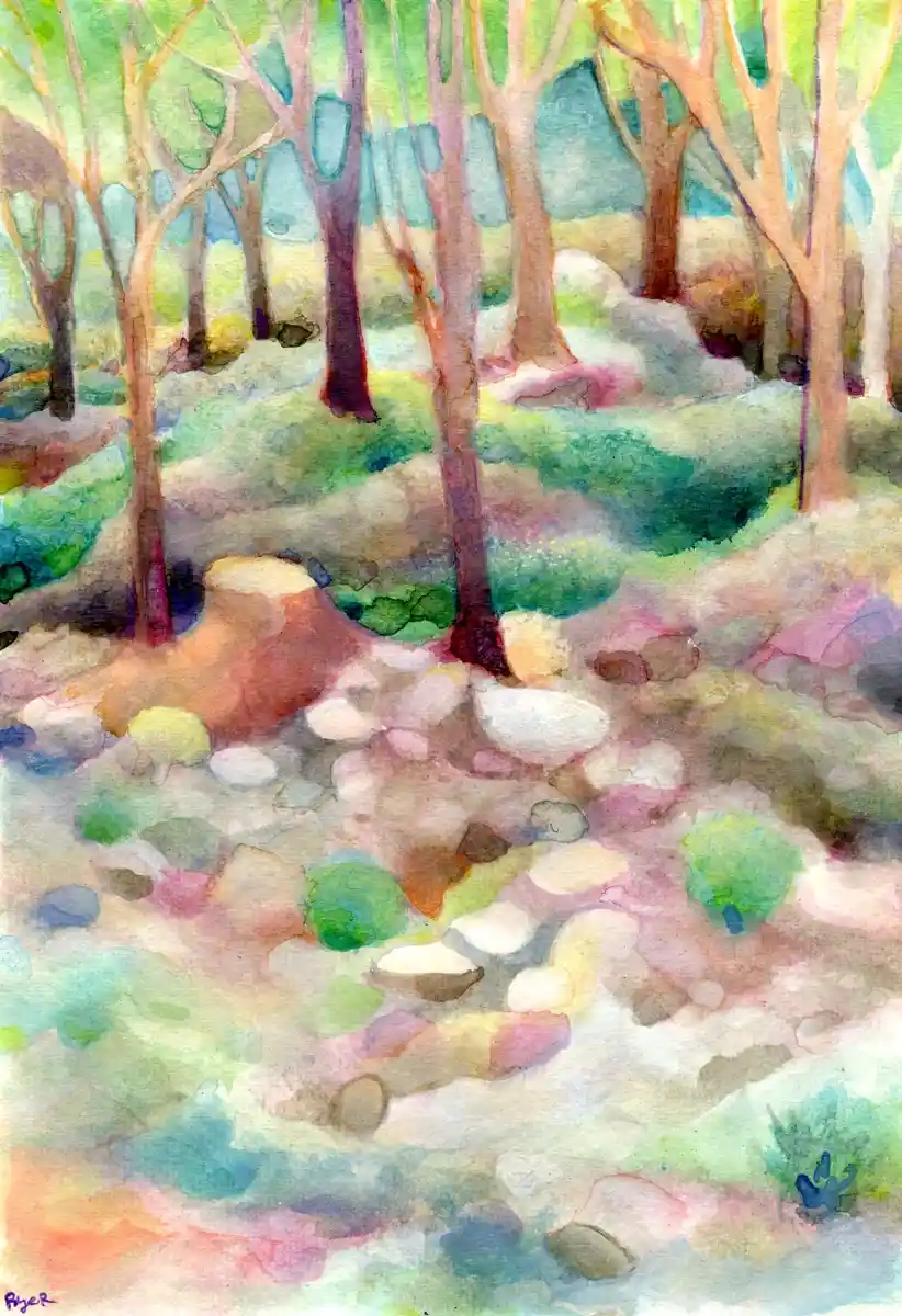 A watercolor painting of a forest floor with bare trees and colorful, abstract patches of ground, overlaid with the text…