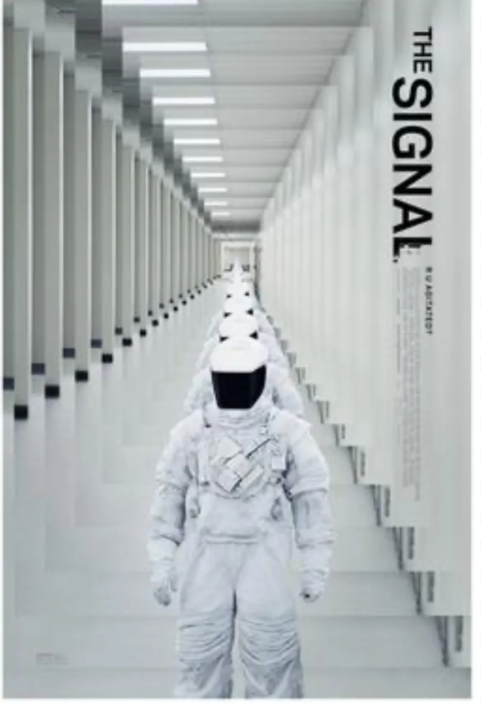 A long, sterile white hallway recedes into the distance, lined with identical white-suited figures in helmets, all facing…