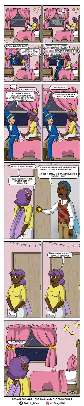 A comic strip shows a young fairy girl in a pink bedroom opening a college acceptance letter while her wizard friend…