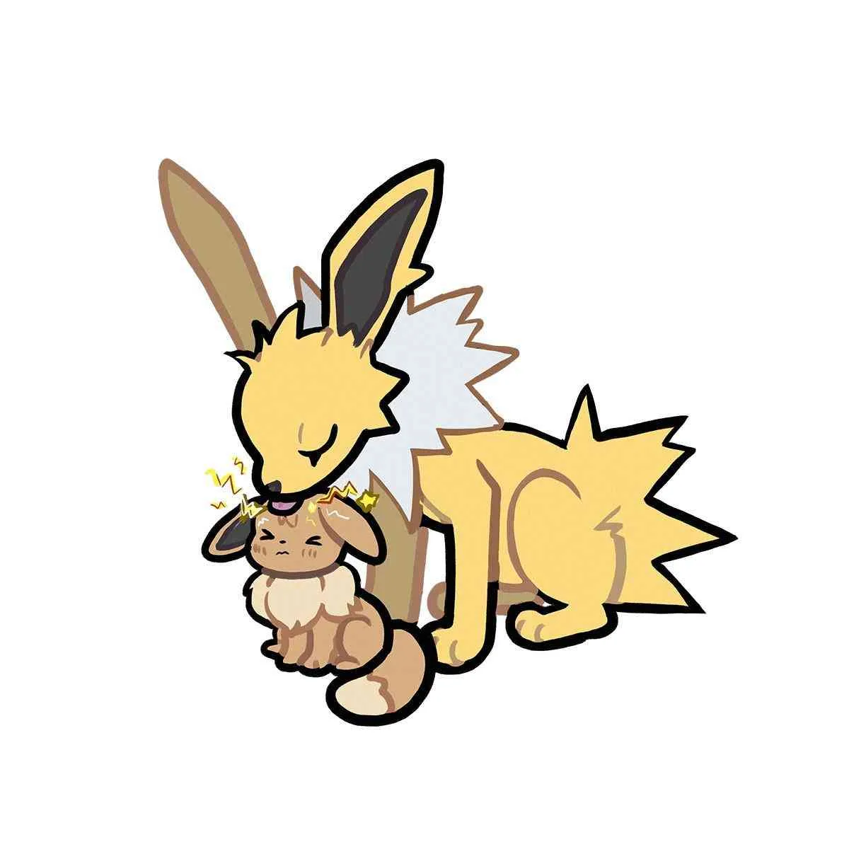 A cartoon illustration shows a large, yellow Eevee with closed eyes and a content expression, gently nuzzling a smaller…