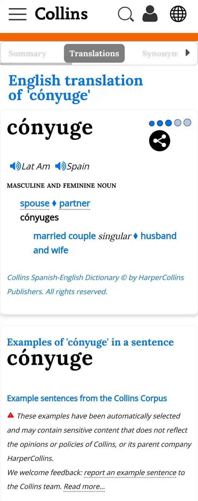 A screenshot of the Collins Spanish-English Dictionary app showing the translation of 'cónyuge' as 'spouse' and 'partner'…