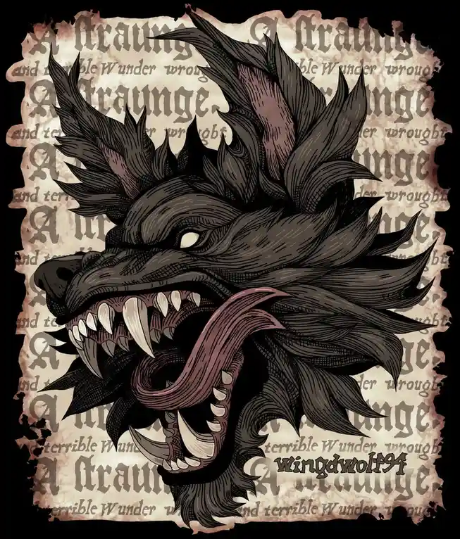 A stylized, menacing black dragon with sharp teeth, a long tongue, and spiky mane is shown against a background of aged…