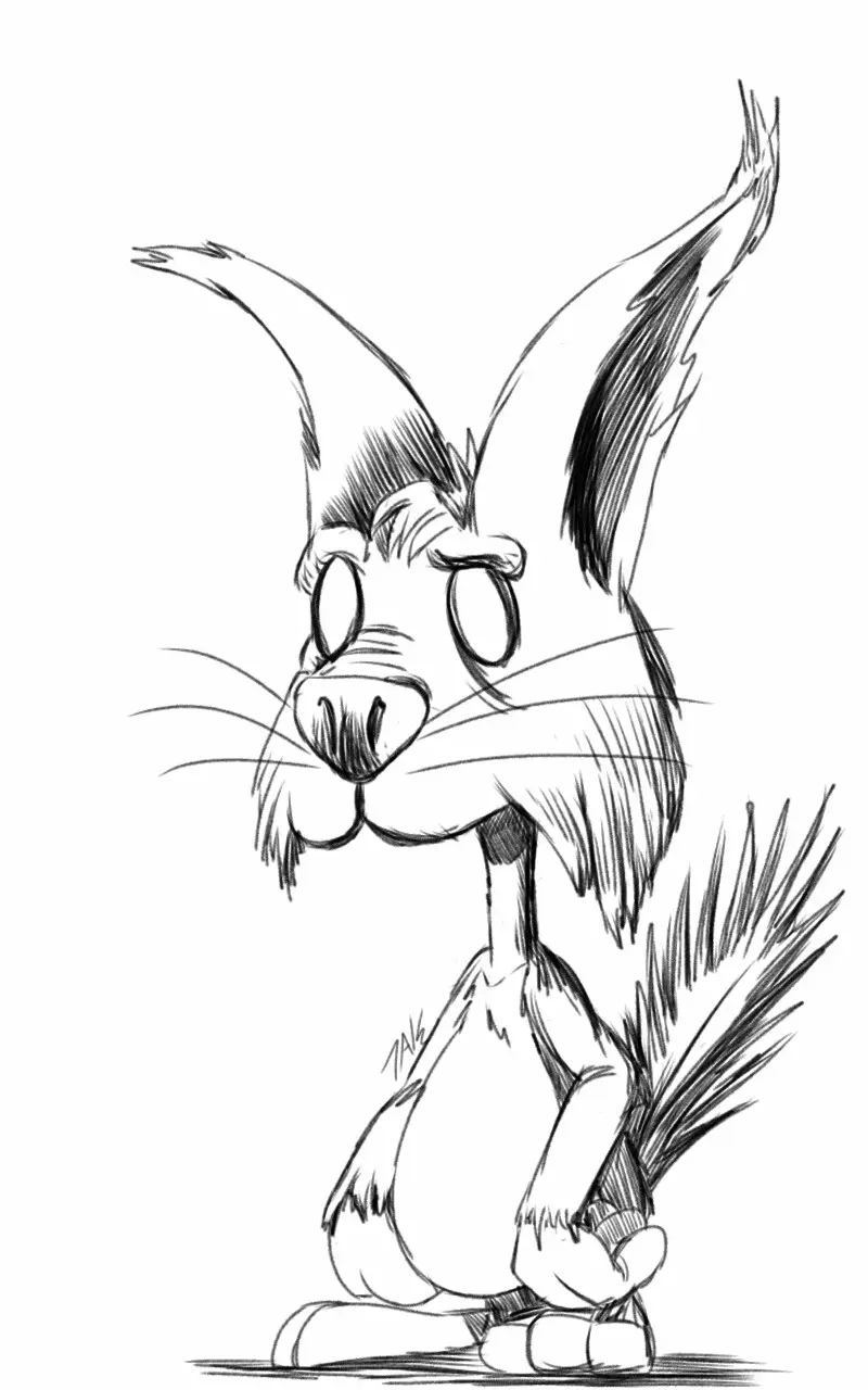 A black-and-white sketch of an anthropomorphic fox with large, expressive eyes and a slightly tilted head, sitting upright…