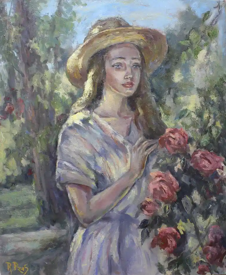 An oil painting depicts a woman in a straw hat and light dress standing beside a bush of red roses in a garden. The overlaid…