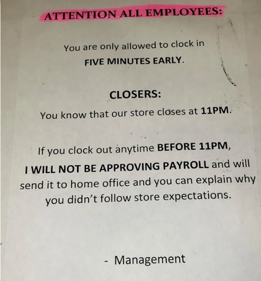 A printed notice from management to employees, with a pink highlighter marking the header 'ATTENTION ALL EMPLOYEES'. The…