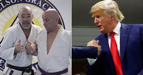 The image is a split-screen meme. On the left, two men in white judo gis stand together, one with a black belt and the other…